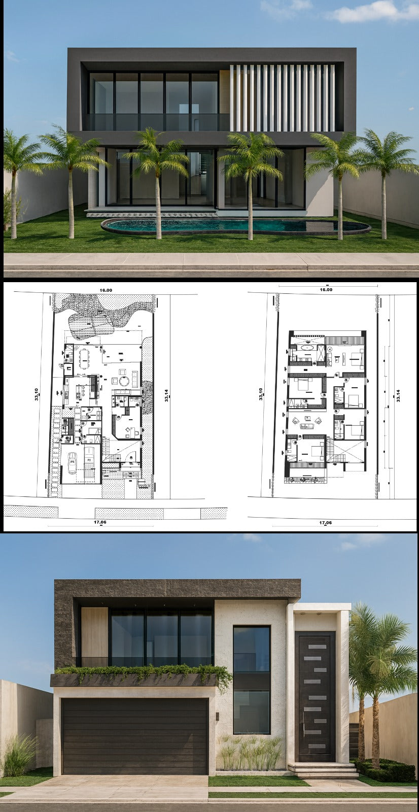 Proyecto Arquitectónico Casa de 2 Niveles, 17 m. x 33 m.