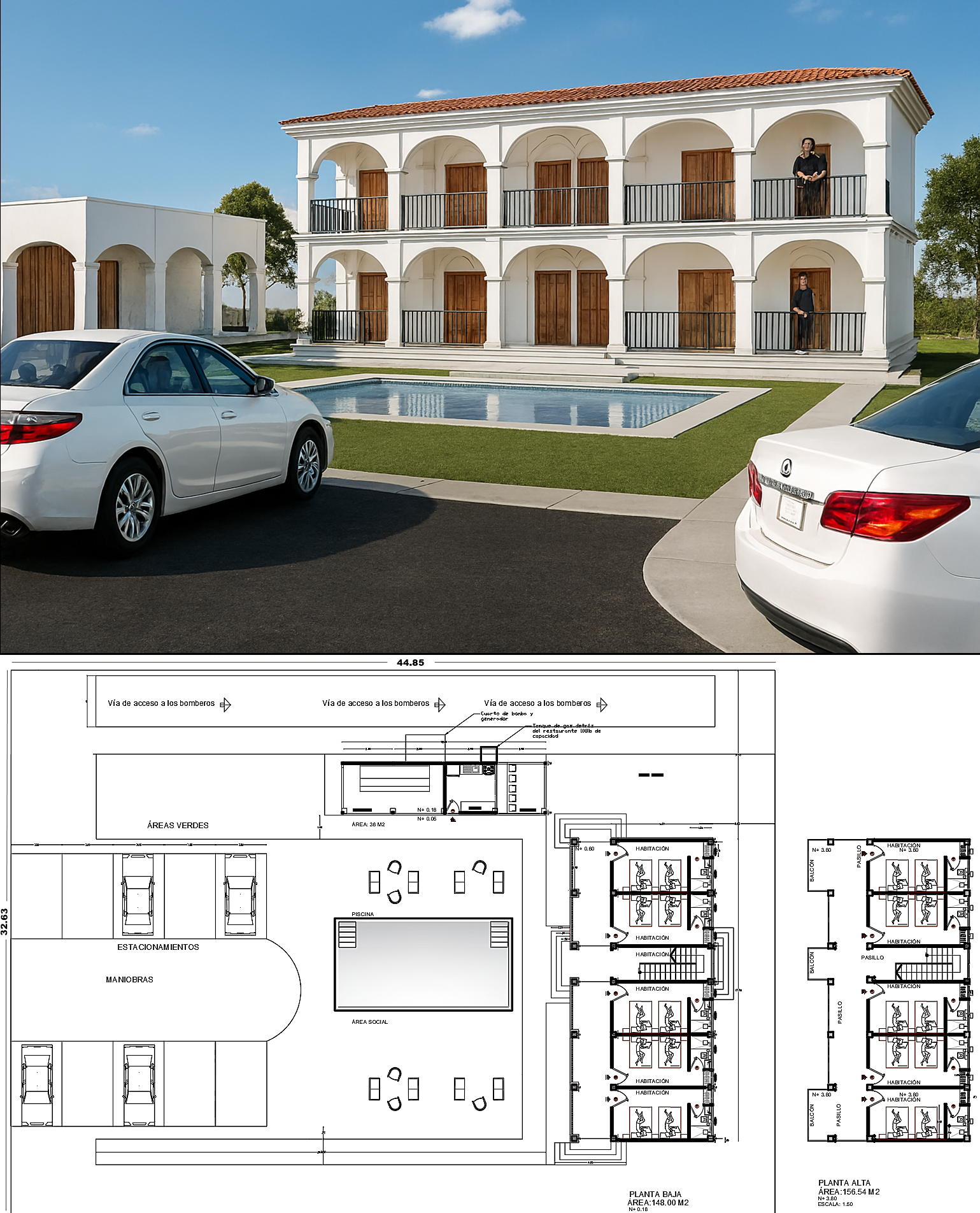 Proyecto Arquitectónico Comercial Hostal en 2 Niveles, 6 m. x 17 m.